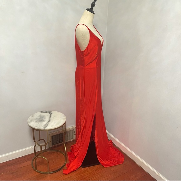 # Windsor Bright Red V Neck / V Back Stretchable Long Dress - Picture 7 of 15